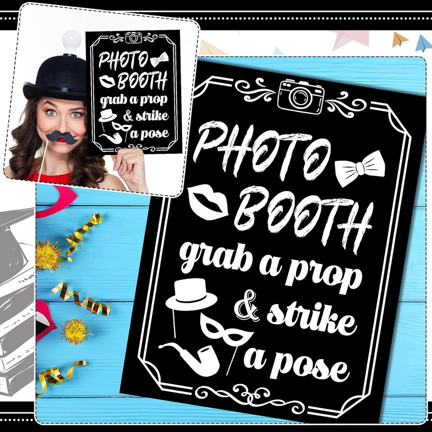 Briwooody Photo Booth Sign with Stand Retro Background Table for Indoor and Outdoor Party Theme Event Photography Props Desktop Decoration Supplies