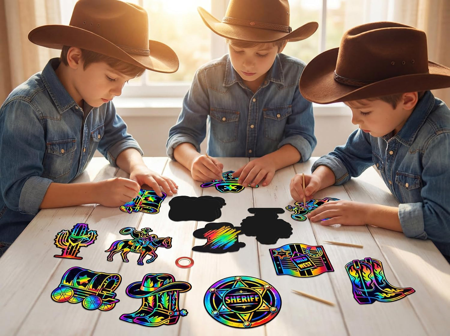 90shine 90 Pcs Western Cowboy Scratch Craft - DIY Rainbow Paper Cards Art Kit with Wooden Stylus for Rodeo Classroom Birthday Party Favors