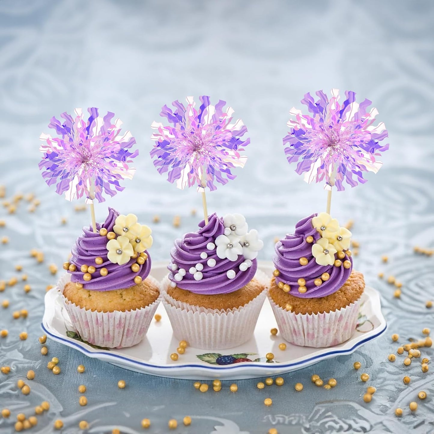 Ephlyn 30Pcs Foil Firework Cupcake Toppers Sparkle Tinsel Cupcake Picks Drink Stirrers Cocktail Food Fruit Toothpicks for Baby Shower Graduation Party Supplies White