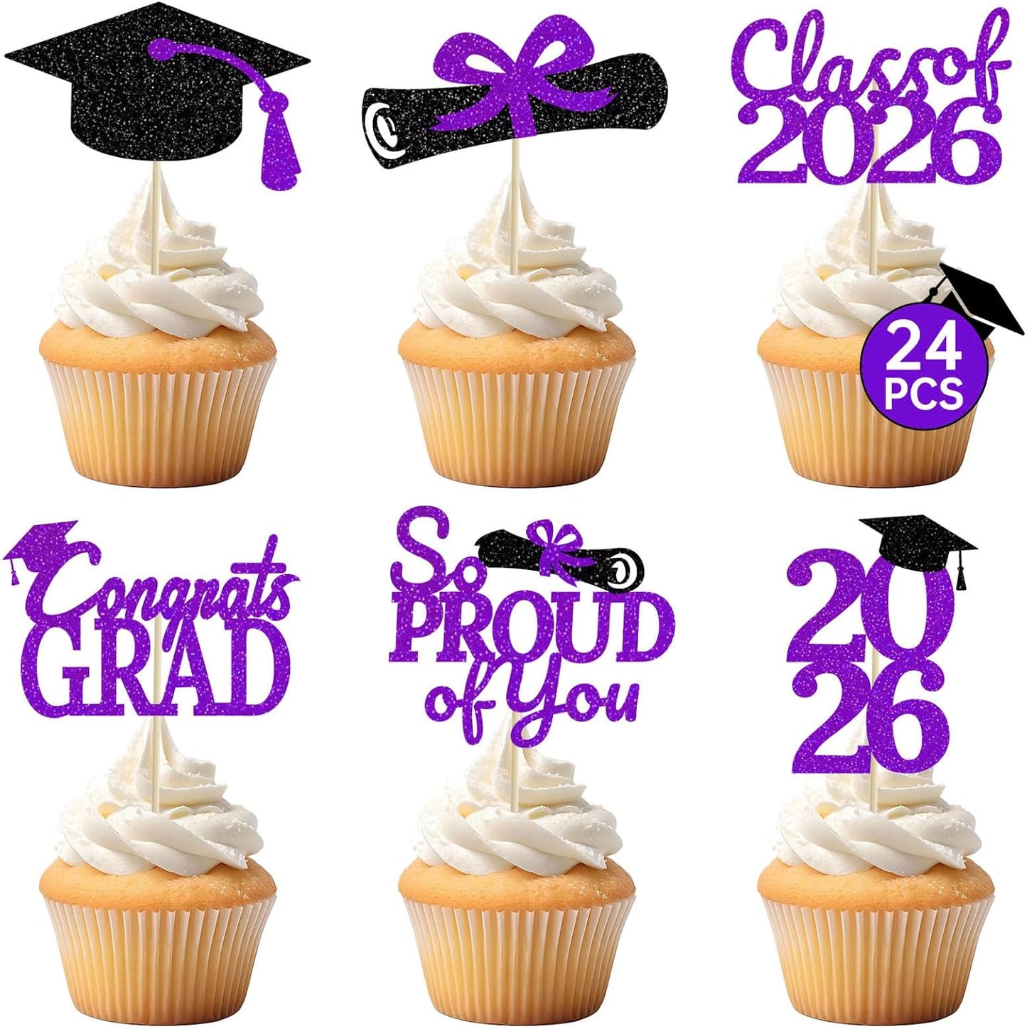24 Pcs Graduation Cupcake Toppers 2026 - Congrats Grad Decorations Class of 2026, Pre-Assembled Black Gold Grad Cake Topper Centerpieces for Graduation Party Decoration Supplies Table Decor, 6 Styles
