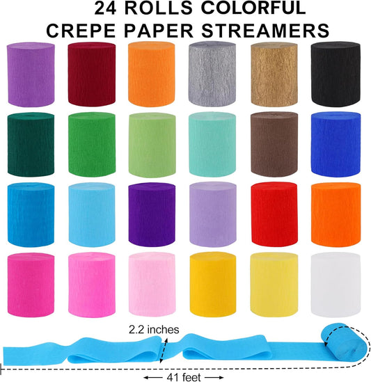 Oubest 24 Rolls Colorful Crepe Paper Streamers Party Decorations, 2.2" x 41ft Each Roll, Birthday Streamers for Rainbow Pastel Party, Baby Shower, Wedding, Halloween and Christmas Backdrop Decor