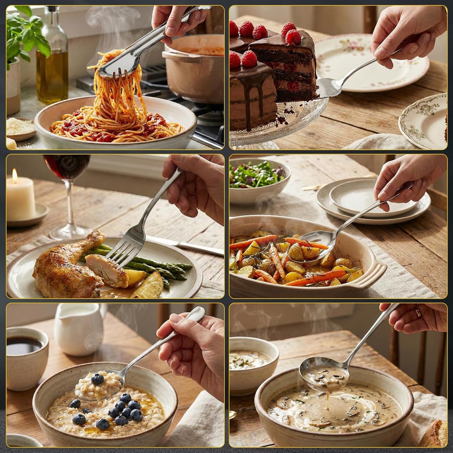 12 Pcs Gold Serving Utensils Set Include Stainless Steel Large Serving Spoons Slotted Spoons Forks Soup Ladle Pie Server - Metal Utensils for Parties Buffet Catering, Dishwasher Safe