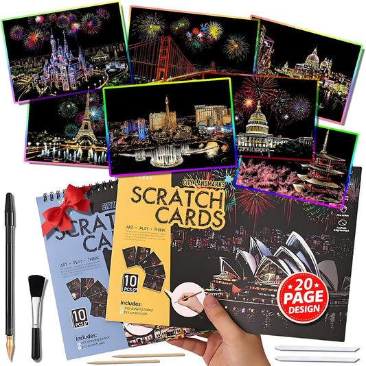 10 PCS Cityscape Scratch Art Book for Teen & Adults: DIY Colorful City Series Painting Paper | ASMR Stress-Relief Engraving Kit Scratchboard | DIY Sketch Card Creative Craft (Travel Landmarks B)
