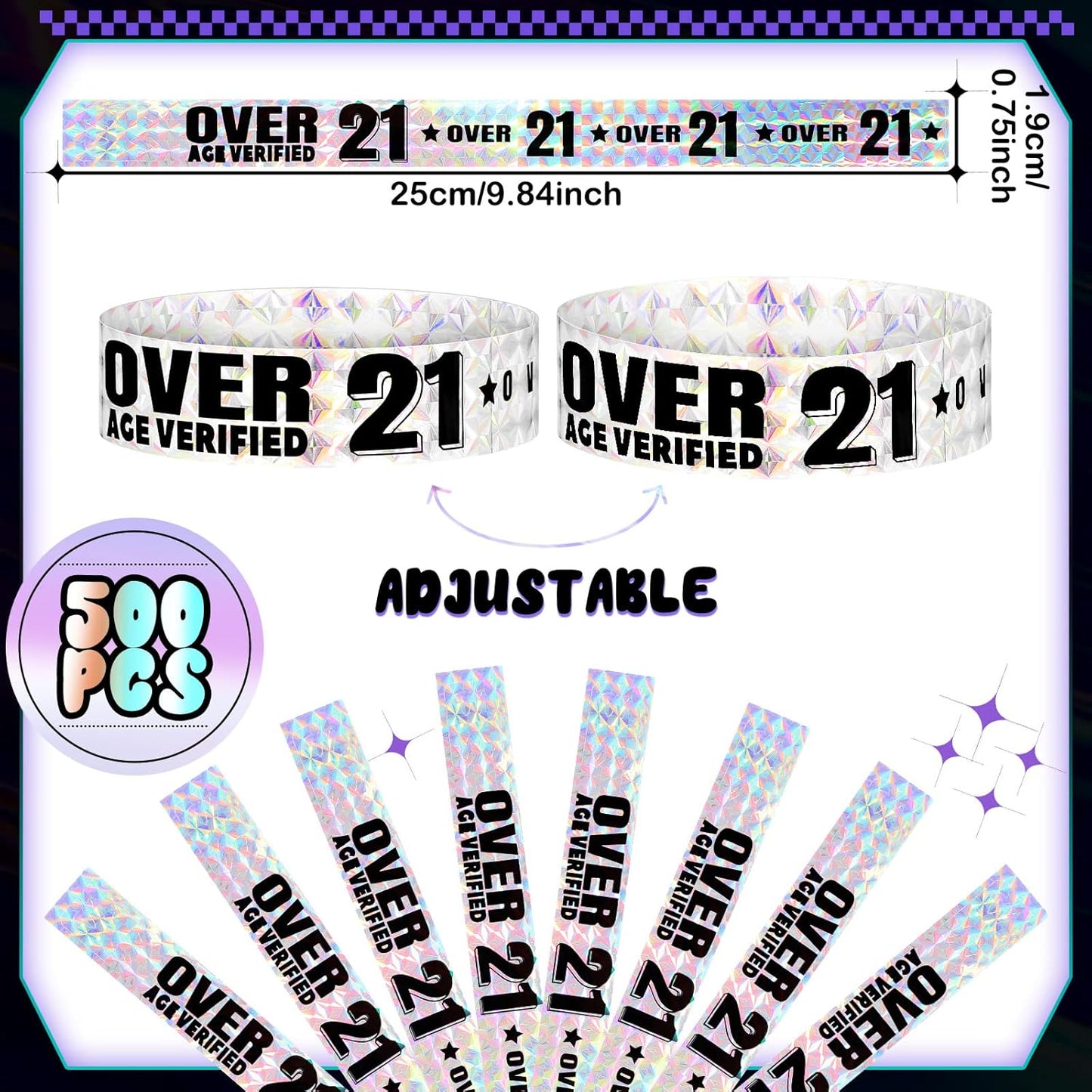 Ferraycle Over 21 Wristbands Holographic Events Wristbands Plastic Party Bracelets Waterproof Bracelets Arm Bands for Events Concerts