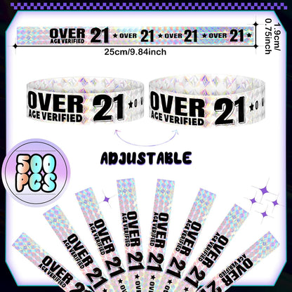 Ferraycle Over 21 Wristbands Holographic Events Wristbands Plastic Party Bracelets Waterproof Bracelets Arm Bands for Events Concerts