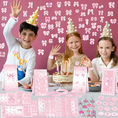122PCS Pink Bow Party Favors - 50 Stickers, 12 Keychain, 12 Button Badges, 12 Mini Notepads, 12 Slap Bracelets, 12 Rubber Bracelets, 12 Goodie Bags for Girls for Coquette Birthday Decorations