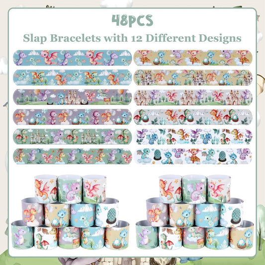 Serencatcher 48PCS Dragon Slap Bracelets Bulk, Dragon Party Favors Watercolor Dragon Slap Wristbands for Dragon Baby Shower Birthday Party Decorations Gifts Dragon Knight Party Supplies