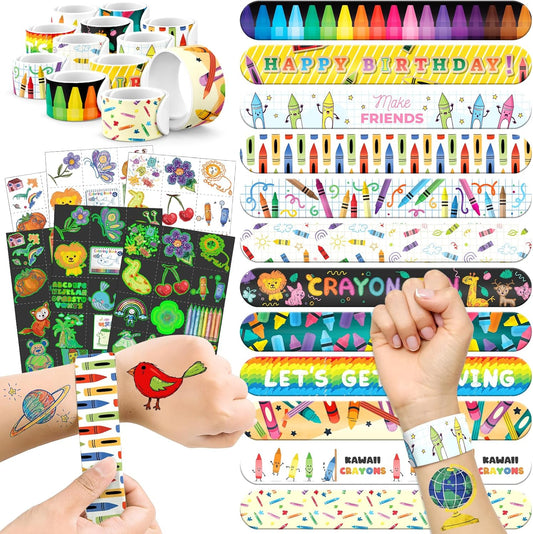 96 PCS Crayon Party Favors Set – 72 Pre-Cut Temporary Tattoos & 24 Slap Bracelets for Kids, Perfect for Art Birthday Parties, Classroom Rewards & Creative School Events