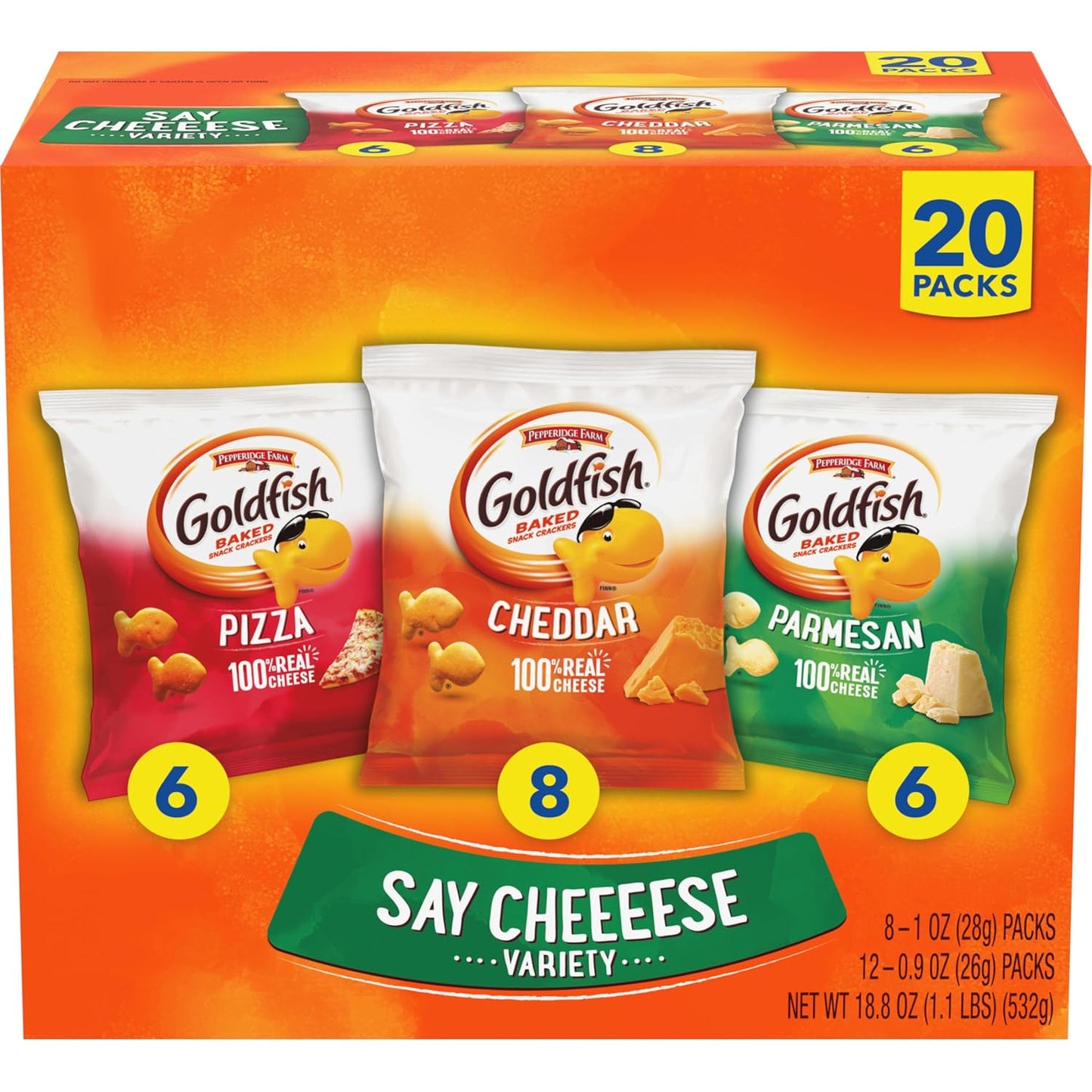 Goldfish Crackers Big Smiles Variety Pack with Cheddar, Colors, and Pretzels, Snack Packs, 30 Ct