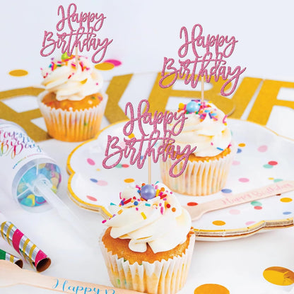 24 PCS Happy Birthday Cupcake Toppers Glitter Picks for Celebrating Anniversary Theme Party Cake Decorations Supplies Gold
