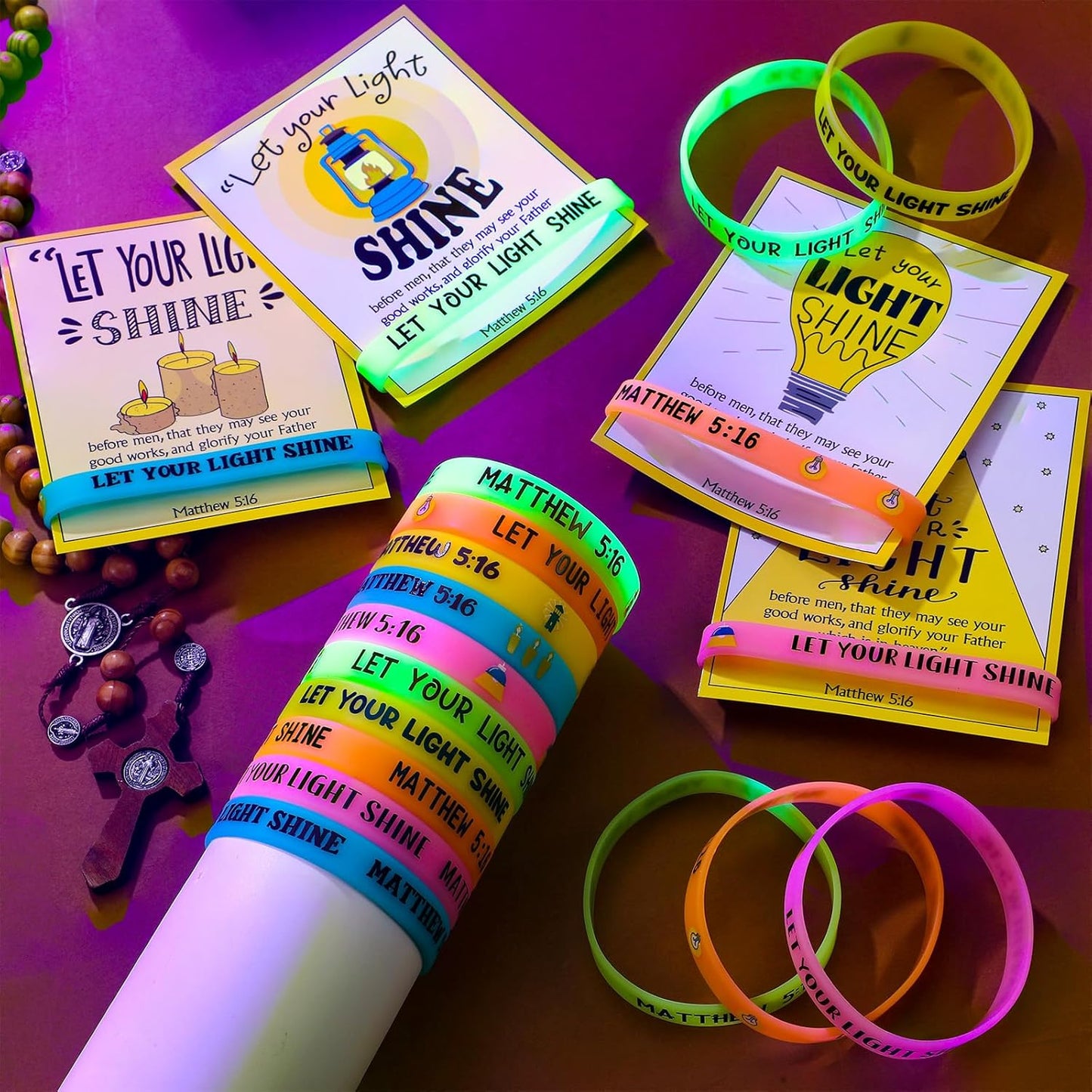 30 Sets/ 60 Pcs Christian Bracelets Gift Let Your Light Shine Matthew 5: 16 Wristbands with Bible Verse Card Glow in the Dark Religious Gifts Easter Church Sunday School VBS Christmas Favors