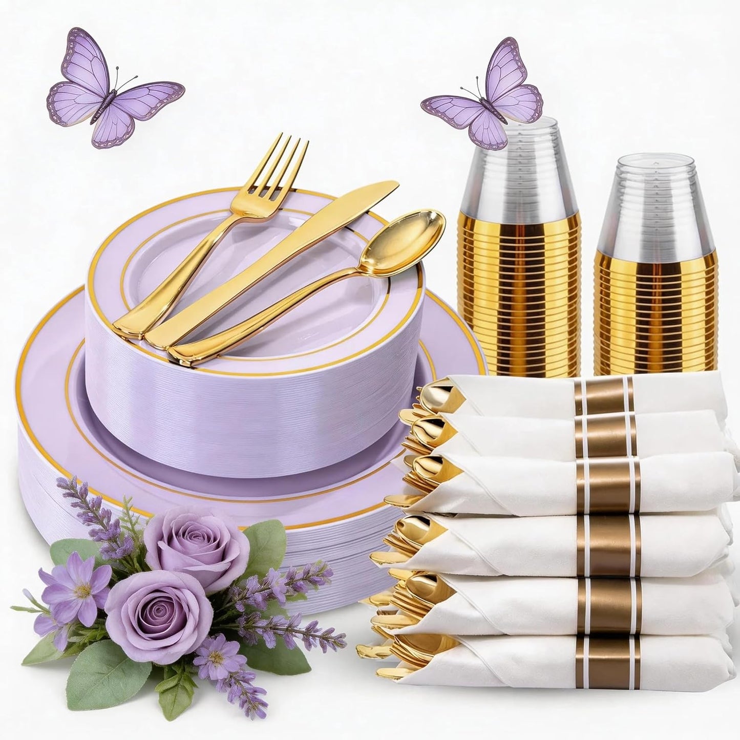 350 Pieces Black and Gold Plastic Plates with Disposable Silverware, Include 50 Dinner Plates 9”, 50 Dessert Plates 6.3”, 50 Black Cups 9 OZ, 50 Pre Rolled Napkins for Wedding Party Graduation
