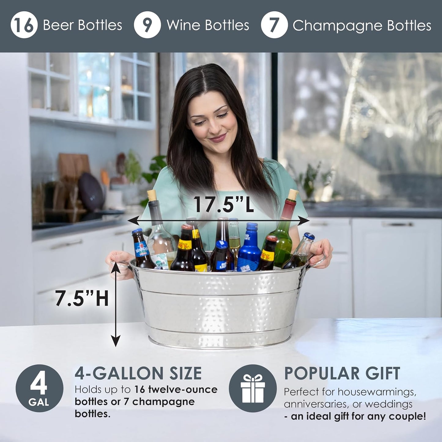 BREKX Galvanized Beverage Tub for Parties, Oval Drink Bucket with Handles, Colt Copper Finish Wine Cooler Bucket for Home Bar (15-Quarts, 16-Bottles), Long-Lasting for Years of Celebrations