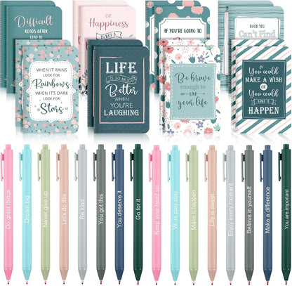 Funrous 32 Pcs Motivational Quote Pens Inspirational Notepads Mini Journal with Ballpoint Pen Small Notebooks Gift for Men Women Coworker Adult Party Favors Prize Teacher Student Office(Stylish)