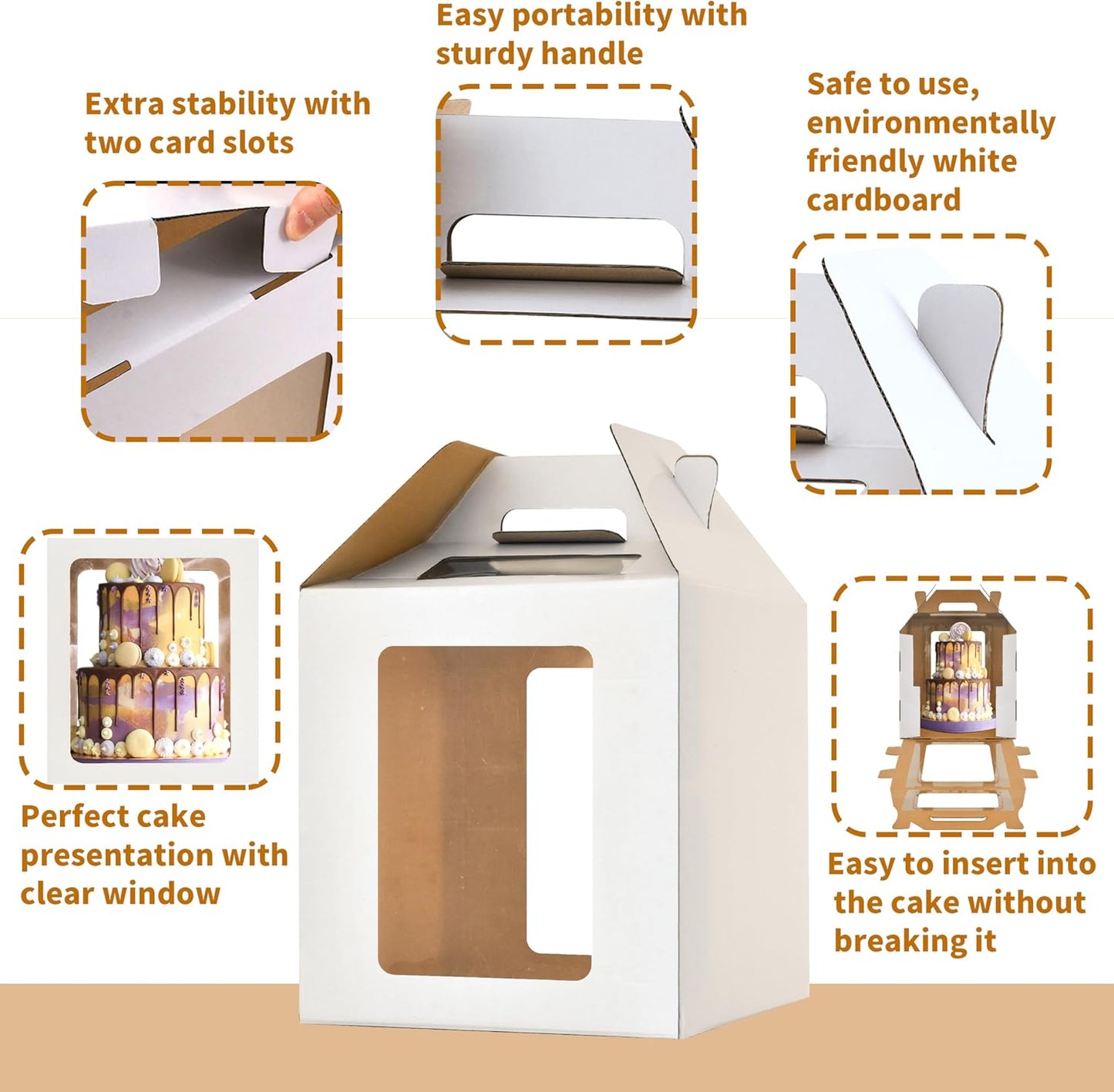 3 Pack 12in Tall Cake Boxes for Tier Cakes, 12x12x14 Inch Tiered Cake Box,Tall Cake Carrier with Window, 10in 12in Large Tierd Bakery Take Out Transport Containers with Handle