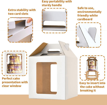 3 Pack 12in Tall Cake Boxes for Tier Cakes, 12x12x14 Inch Tiered Cake Box,Tall Cake Carrier with Window, 10in 12in Large Tierd Bakery Take Out Transport Containers with Handle
