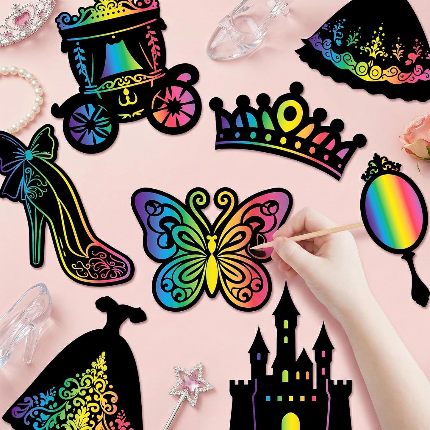 80 Pcs Princess Scratch Cards Colorful Rainbow Princess Scratch Paper Art with Wooden Stylus for Birthday Party Classroom DIY Activities