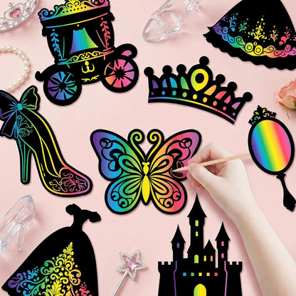 80 Pcs Princess Scratch Cards Colorful Rainbow Princess Scratch Paper Art with Wooden Stylus for Birthday Party Classroom DIY Activities