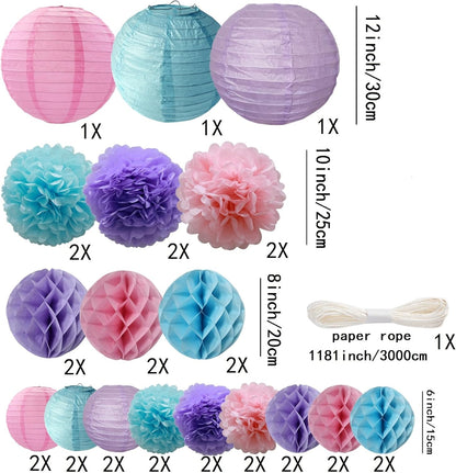 WOLHOWLTD Mermaid Theme Paper Decoration Set - 33 Pcs Paper Lanterns, Pompoms, Honeycomb Decorations for Mermaid Theme, Baby Shower,Wedding Rainbow Birthday Party Home Decoration(Pink Blue Purple)