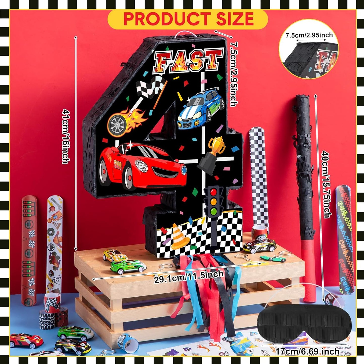 Pasimy Number 3 Piñata Race Car Party Favors Set with Black Red Birthday Piñata Stick Blindfold Slap Bracelet Keychain Sticker Racecar Party Gifts Birthday Decorations Goodie Bag Stuffer Supplies