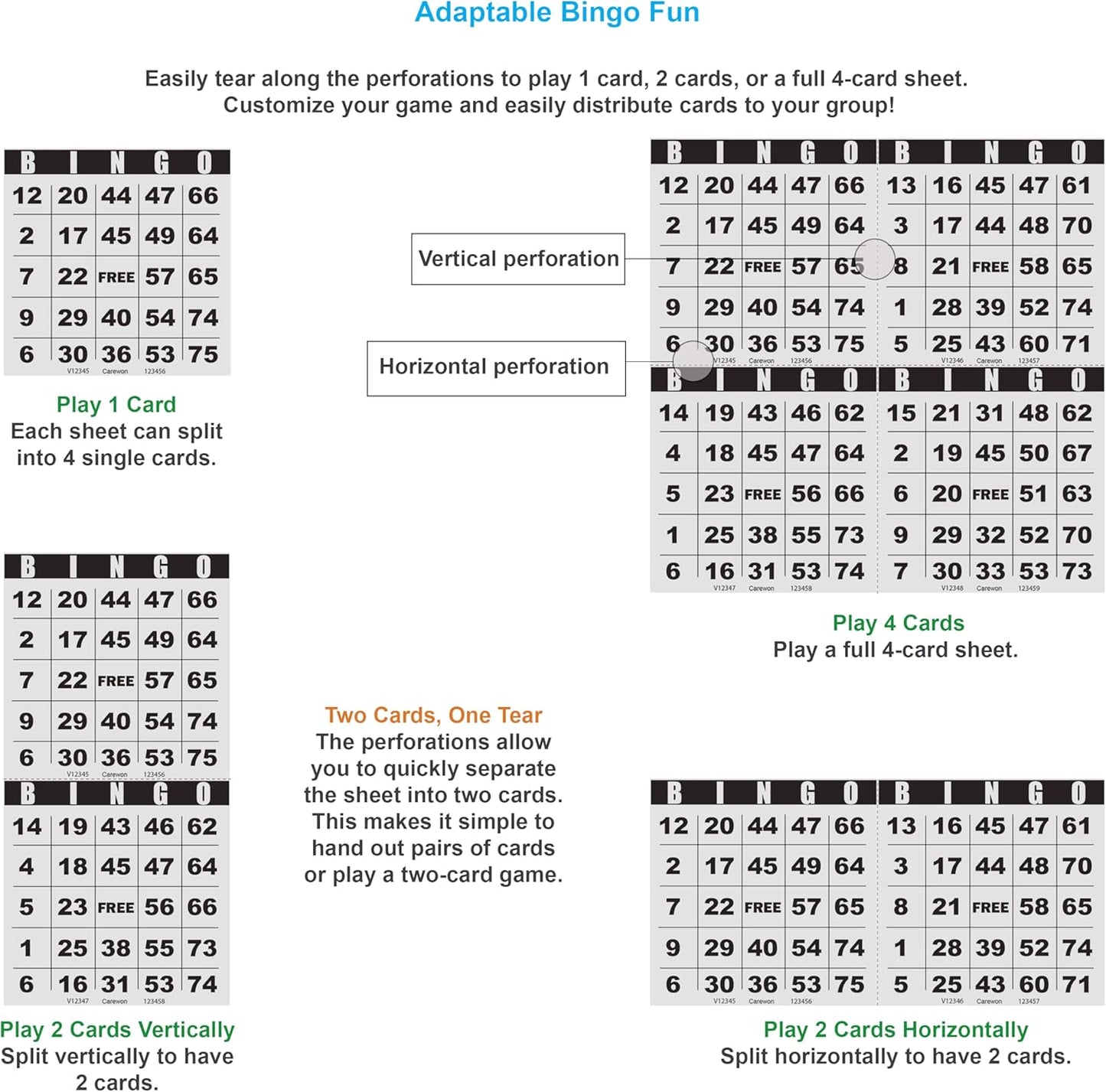 200 Bingo Cards, Large 4.5" x 4.5", Paper Bingo Sheets, Disposable or Reusable for Daubers or Chips