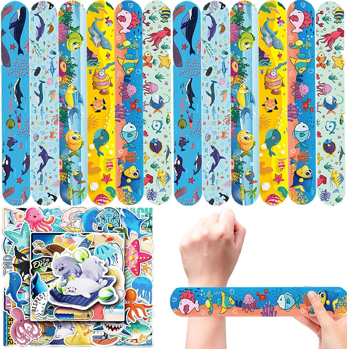CZWXOXO 74Pcs Dinosaur Theme Party Favors Contain 24 Pcs Slap Bracelets 50Pcs Stickers, Dino Theme Birthday Party Decorations,Classroom Rewards Supplies.