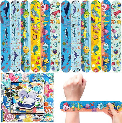CZWXOXO 74Pcs Dinosaur Theme Party Favors Contain 24 Pcs Slap Bracelets 50Pcs Stickers, Dino Theme Birthday Party Decorations,Classroom Rewards Supplies.