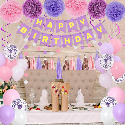 Purple Pink Birthday Party Decorations for Women Girls with Happy Birthday Banner,Hanging Swirls,Tissue Paper Pompoms,Circle Dots Garland,Tassel Garland Purple Balloons