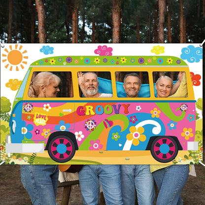 Hippie Bus Photo Prop Groovy Birthday Party Decorations Large Fabric Groovy Van Prop Hippie Selfie Frame Backdrop Background Banner Birthday Supplies Retro Daisy 60s 70s Party Favors 65.8 x 35.4 Inch