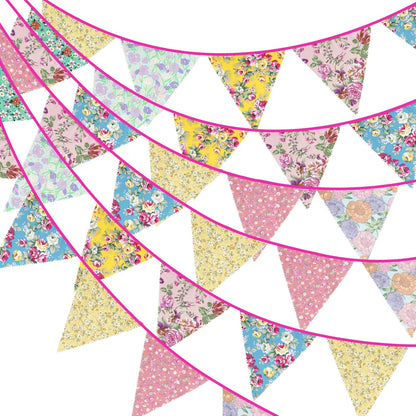 G2PLUS 39Ft Triangle Bunting Banner, 42Pcs Pink Floral Garland Pennant Banner, Reusable Cotton Triangle Flags Party Decoration for Birthday, Wedding, Garden Tea Party, Baby Shower, Room Decor