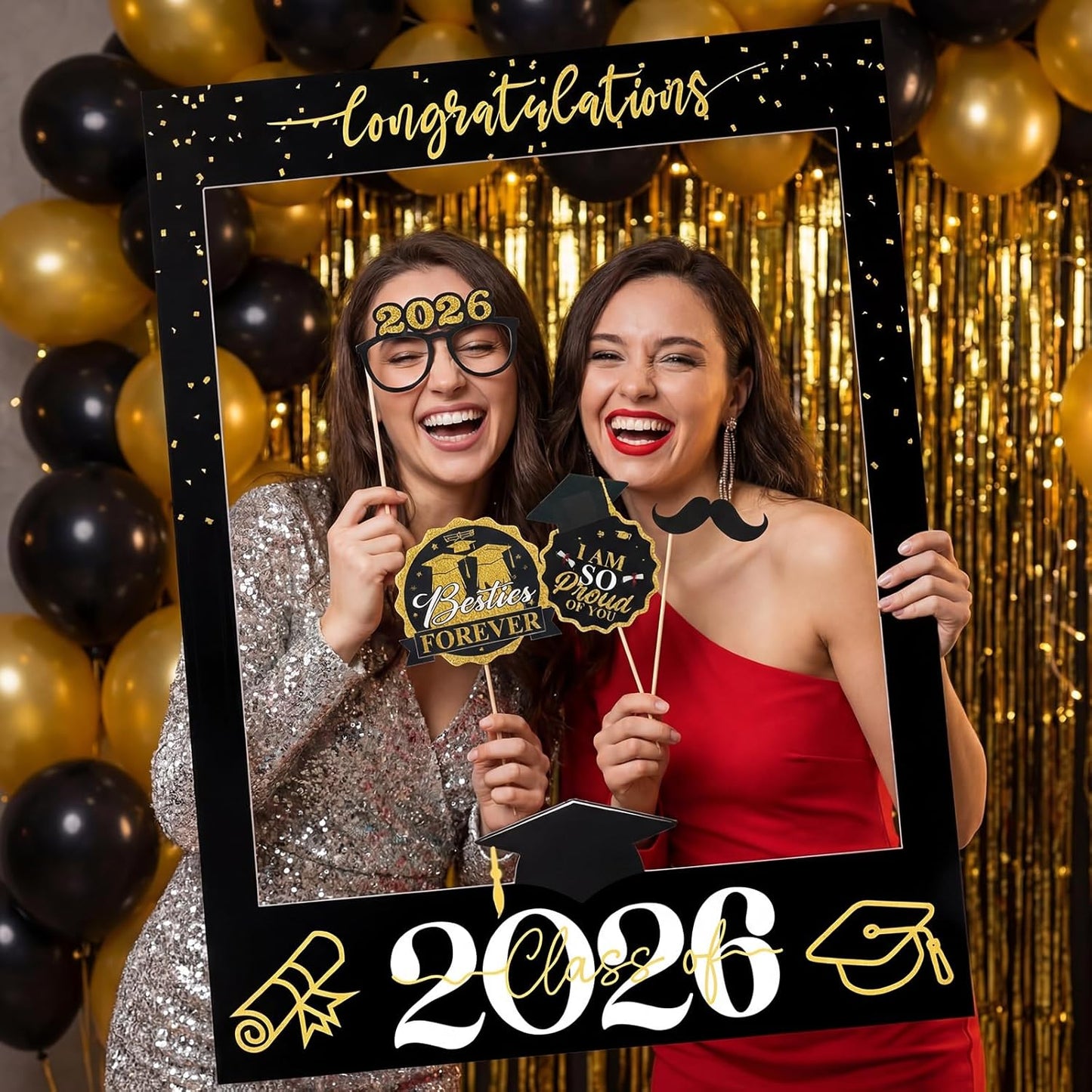 Tinlade 33 x 25 Inch Graduation Photo Booth Props - Large Graduation Photo Prop Frame with 30 Pcs Grad Selfie Photos Booth Props for Class of 2026 Congrats Grad Party Supplies for College High School
