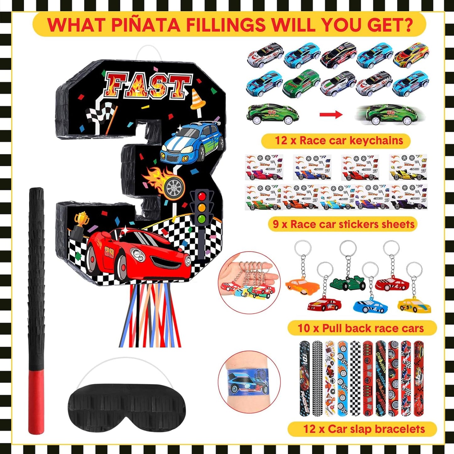 Pasimy Number 3 Piñata Race Car Party Favors Set with Black Red Birthday Piñata Stick Blindfold Slap Bracelet Keychain Sticker Racecar Party Gifts Birthday Decorations Goodie Bag Stuffer Supplies
