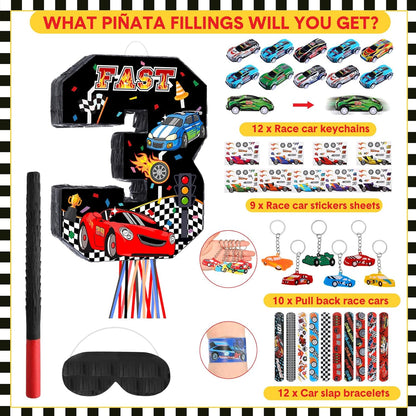 Pasimy Number 3 Piñata Race Car Party Favors Set with Black Red Birthday Piñata Stick Blindfold Slap Bracelet Keychain Sticker Racecar Party Gifts Birthday Decorations Goodie Bag Stuffer Supplies