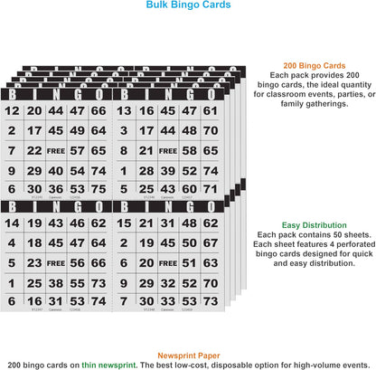200 Bingo Cards, Large 4.5" x 4.5", Paper Bingo Sheets, Disposable or Reusable for Daubers or Chips