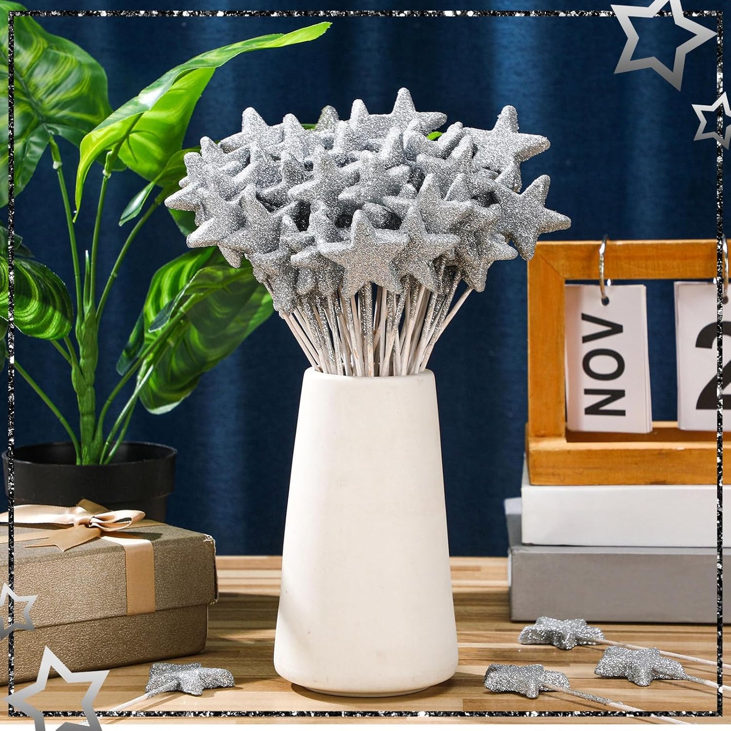 Suzile 60 Pcs Golden Star Floral Pick 8'' Star Centerpiece Table Decor Gold Glitter Craft Stick Sparkly Foam Stem for Floral Arrangement Wreath Wedding Bridal Baby Shower Birthday Stars Arrangement