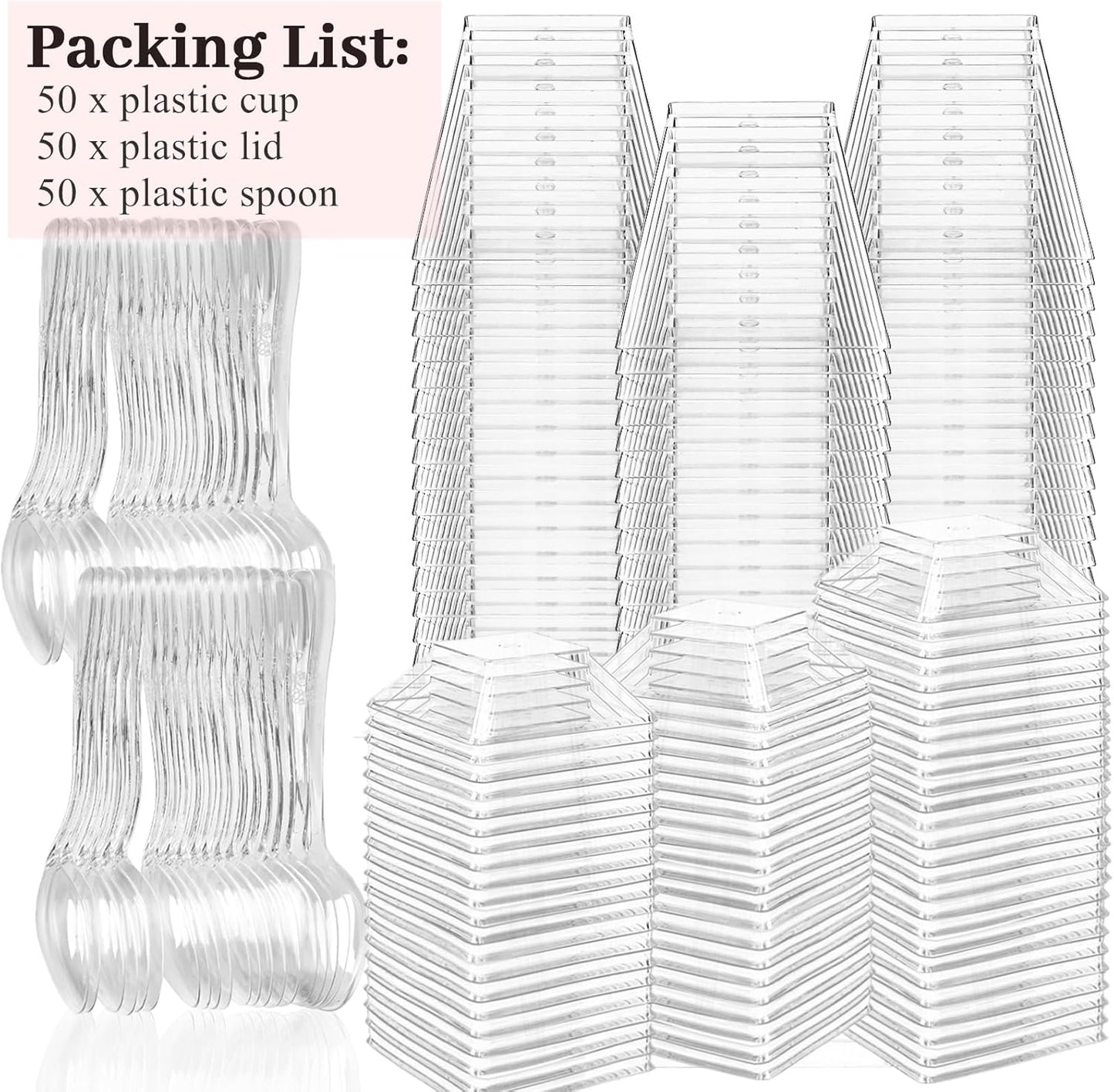 TOFLEN 50 Pack 5 oz Plastic Dessert Cups with High Lids for Party, Mini Dessert Cups with Spoons Dessert Shooter Cups for Yogurt Parfait, Appetizer, Pudding, Fruit and Ice Cream