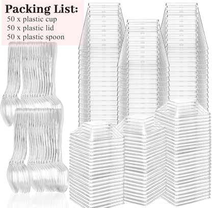 TOFLEN 50 Pack 5 oz Plastic Dessert Cups with High Lids for Party, Mini Dessert Cups with Spoons Dessert Shooter Cups for Yogurt Parfait, Appetizer, Pudding, Fruit and Ice Cream