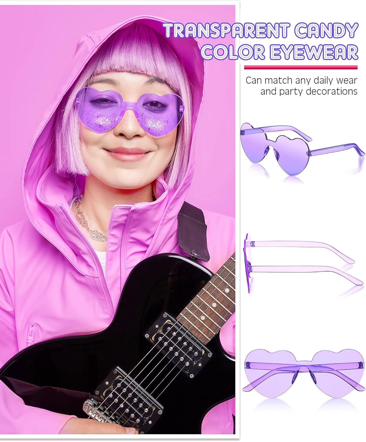 Photect 12 Pair Heart Shaped Sunglasses Neon Color Transparent Heart Glasses for Women Party Favor