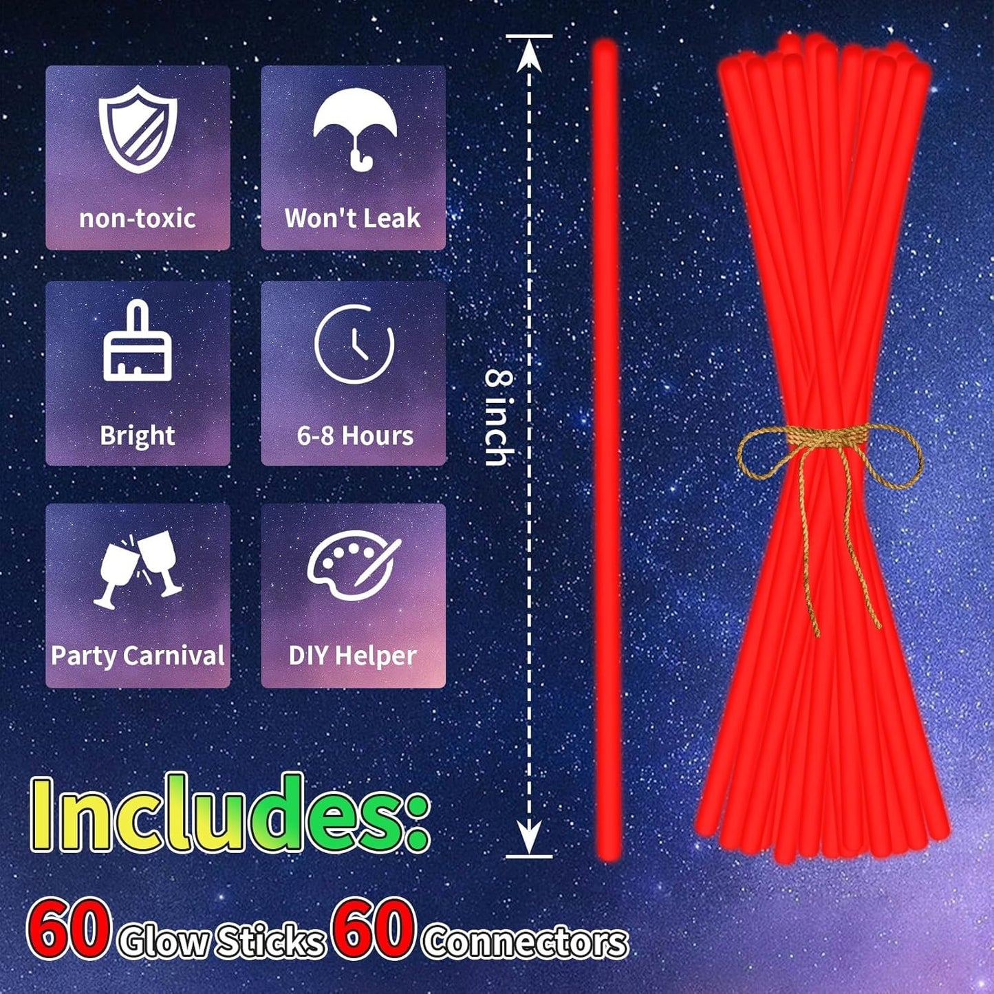 60 Pack 8” White Glow Sticks Bulk with 60 Connectors Neon Glow In The Dark Party favors Supplies for Holiday Birthday Party Decoration (White)
