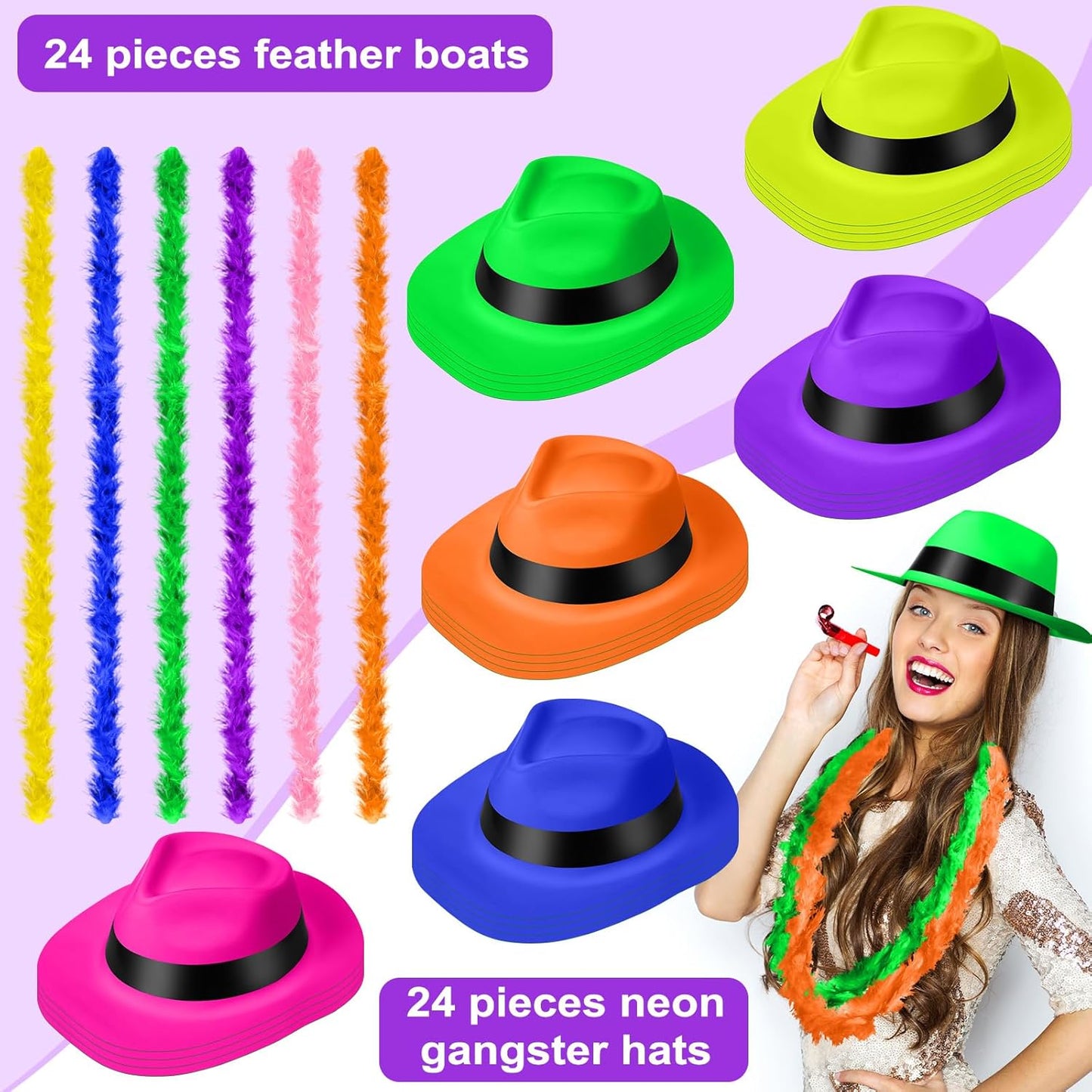 JaGely 48 Pieces Neon Party Supplies 24 Neon Gangster Hats 24 Pcs Feather Boas for Wedding Glow Party Supplies Birthday Props