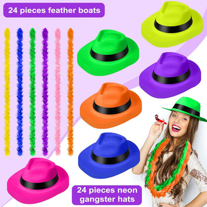 JaGely 48 Pieces Neon Party Supplies 24 Neon Gangster Hats 24 Pcs Feather Boas for Wedding Glow Party Supplies Birthday Props