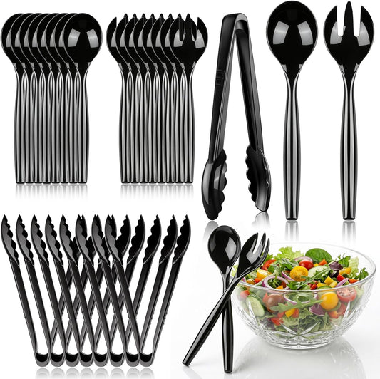 24 Pcs Disposable Black Plastic Serving Utensils,8 Set Including 9.72" Plastic Serving Spoons, Forks and 8.46" Tongs, for Dinner Parties, Buffets,Banquets, Events, Weddings, and Daily Use