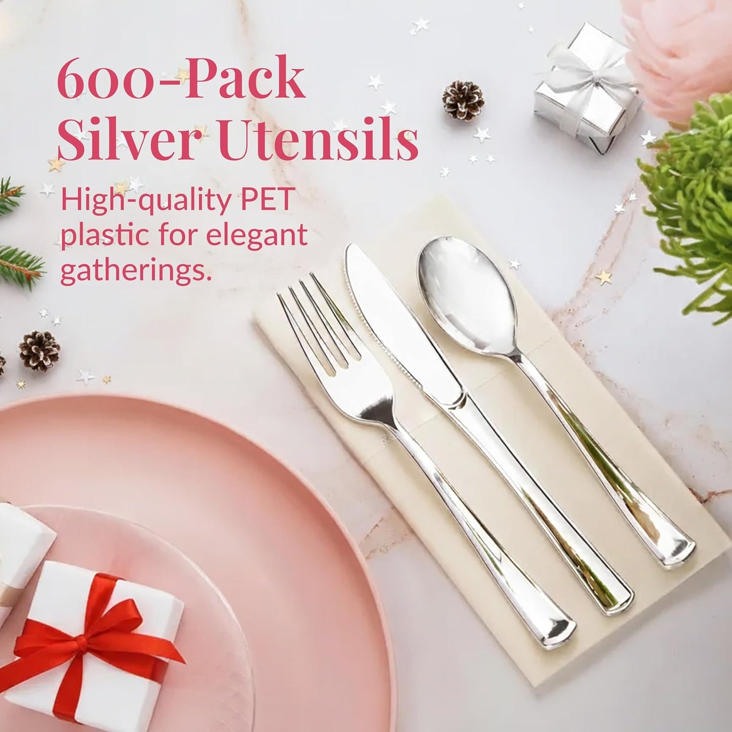 Prestee 300 Piece Heavy Duty Plastic Silverware Set - 100 of Each Silver Plasticware Forks, Spoons, Knives - Flatware Cutlery for Weddings - Durable Disposable Plastic Utensils for Catering, Buffets