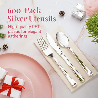 Prestee 300 Piece Heavy Duty Plastic Silverware Set - 100 of Each Silver Plasticware Forks, Spoons, Knives - Flatware Cutlery for Weddings - Durable Disposable Plastic Utensils for Catering, Buffets