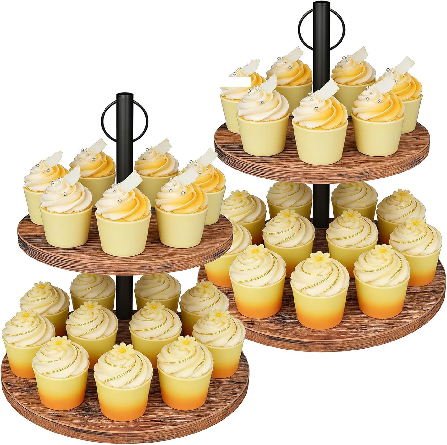 Cupcake Stand, 2 Pack Rustic Wood Cake Stand, 3 Tier Cupcake Tower Round Tiered Tray Stand for Dessert Table Display, Industrial Wooden Serving Stand Wedding, Graduation and Baby Shower