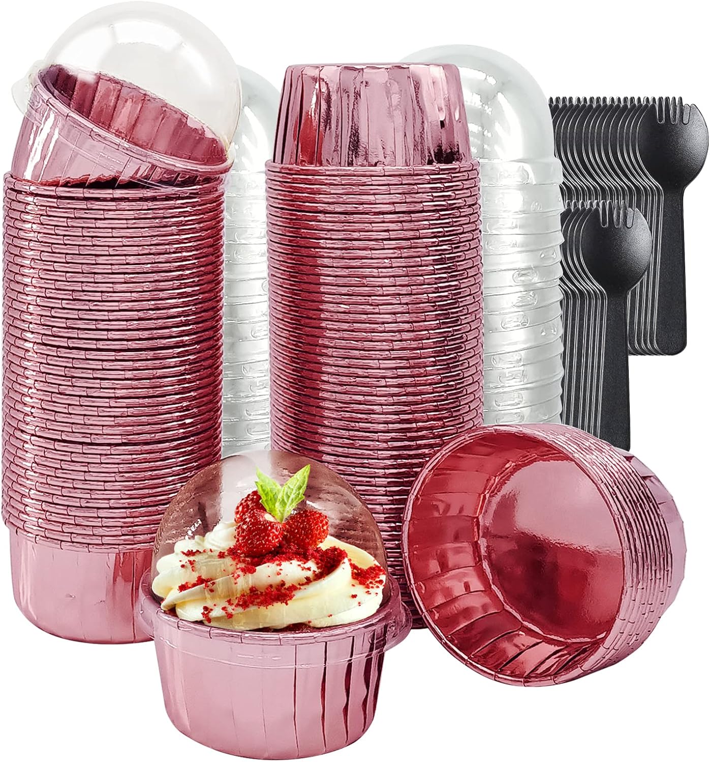 Cupcake Liners with Lids 50 Pack,LNYZQUS 5oz Large Foil Cupcake Cups Muffin Tins,Disposable Baking Cups Muffin Liners Wrappers Holders for Wedding Valentine-Pink in gold