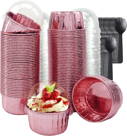 Cupcake Liners with Lids 50 Pack,LNYZQUS 5oz Large Foil Cupcake Cups Muffin Tins,Disposable Baking Cups Muffin Liners Wrappers Holders for Wedding Valentine-Pink in gold