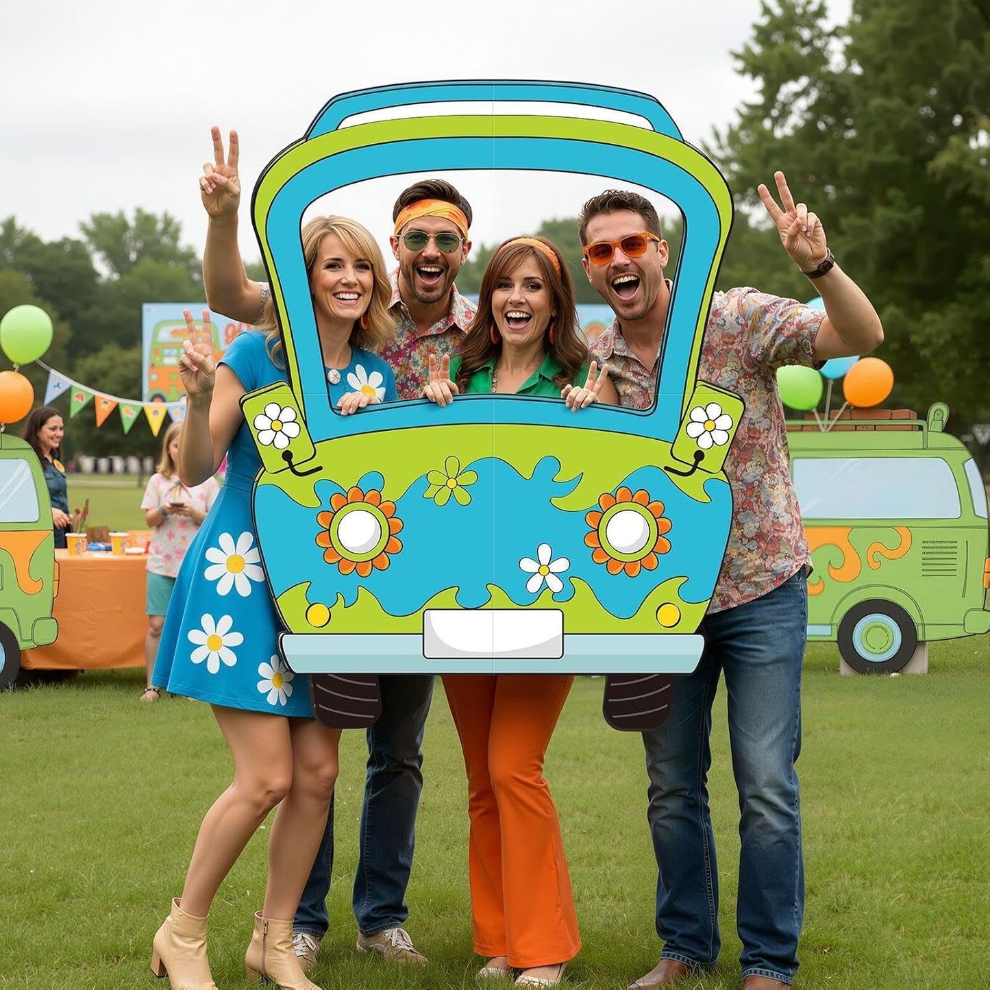 Capoda Hippie Photo Booth Props Selfie Frame with Sticks - 39 x 28 in Corrugated Cardboard Funny Hippie Bus Birthday Party Decorations Daisy Car Blue Green Prop Backdrop Cartoon Birthday Supplies