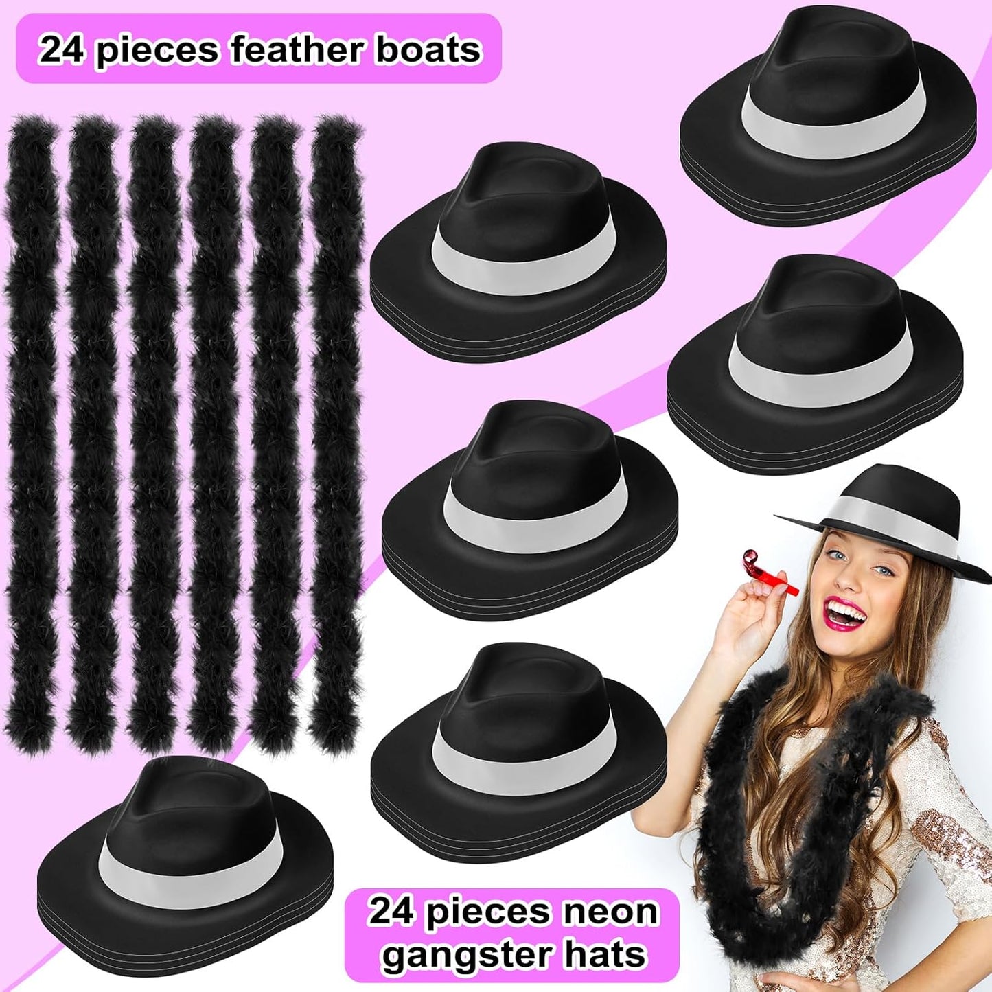JaGely 48 Pieces Neon Party Supplies 24 Neon Gangster Hats 24 Pcs Feather Boas for Wedding Glow Party Supplies Birthday Props