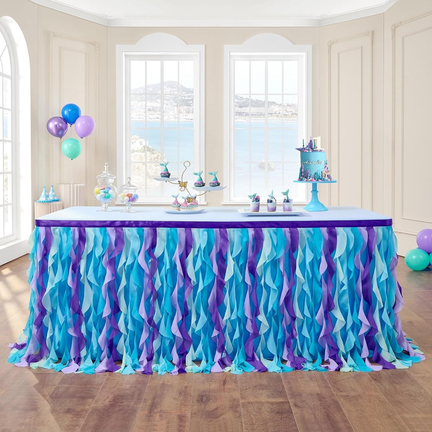 leegleri 6FT Tulle Ruffle Curly Willow Table Skirt for Rectangle or Round Tables, Under The Sea Ocean Blue Baby Shark Themed Tutu Table Skirt for Baby Shower, Birthday Party